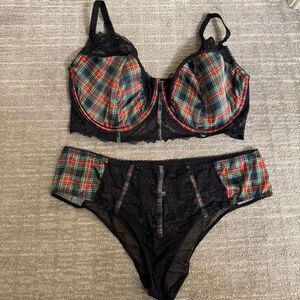 Adore Me Red Green Plaid Rochelle Plus Black Lace Bra Lingerie Set 40H 2X